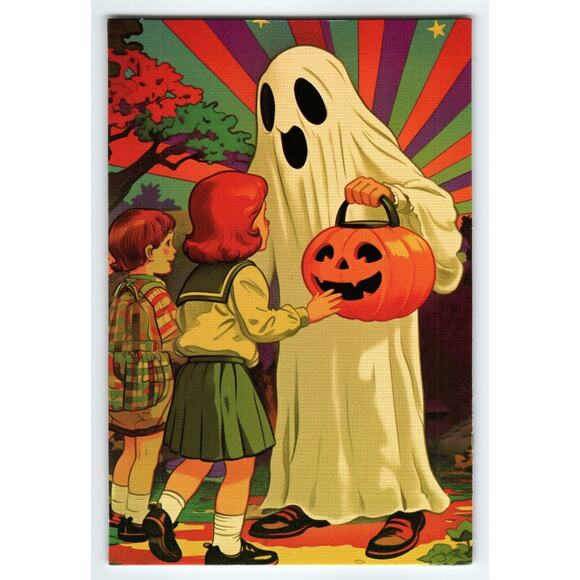 Vintage Halloween Photochrome Postcard Kids and Ghost with Pumpkin - Picture 1 of 2